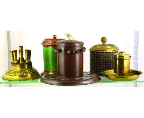TOBACCO JARS GROUP. Brass circular shape with zinc liner, copper & leather jar, brass example with ashtray issued by War Dept