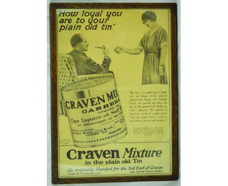 CRAVEN MIXTURE B & W FRAMED ADVERT. 17 by 12 ins, gent sat smoking pipe, wife handing him  tobacco pictured CRAVEN MIXTURE IN