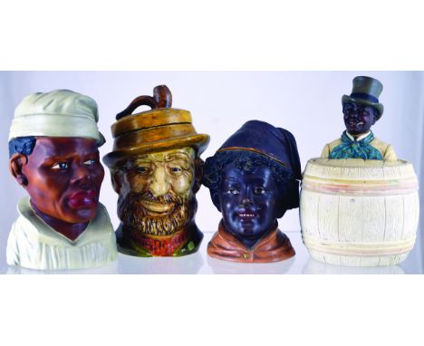 GROUP OF TOBACCO JARS. African head jar & cover, grey & brown matt finish plus continental head jar & cover bearded seaman pi