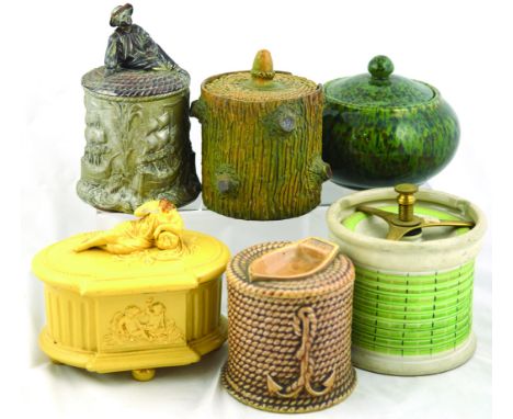 GROUP OF TOBACCO JARS. Art Deco style jar green speckled glaze, cream glaze casket shape jar (some damage to lid), rope & anc