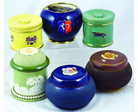 GROUP OF TOBACCO JARS. 2 brown & blue glazed jars both with coloured crests one for CITY OF OXFORD both with screw lids Carlt