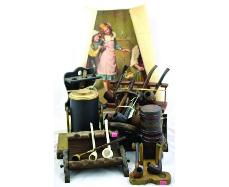 GROUP OF 6 PIPE RACKS. With pipes plus tobacco mixer on swivel stand plus 2 small leather tobacco jars & print of a cobbler S