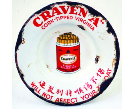 CRAVEN A ENAMEL ASHTRAY WITHâ€ˆCHINESEâ€ˆWRITING. 5ins diam, CRAVEN A/ CORK TIPPED VIRGINIA/ WILL NOT AFFECT YOUR THROAT, red