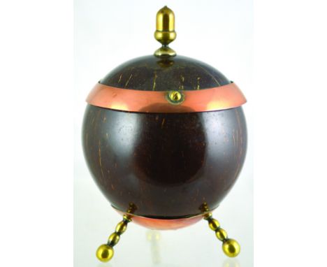 SEED POD TOBACCO JAR. 8ins tall to top of lid with brass acorn finial, dark brown seed pod & copper & brass fittings. Very go