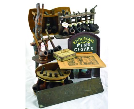 GROUP OF 4 PIPE RACKS. With pipes plus alligator pipe rack & book: Tobacco Its Culture and Manufacture & R.J. Morans Fine Cig