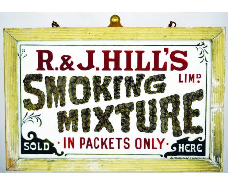 R & J HILL FRAMED PERSPEX ADVERT. 13.75 by 8.75ins, R. & J. HILLS/ SMOKING/ MIXTURE/ SOLD IN PACKETS ONLY HERE. (7/10) NR