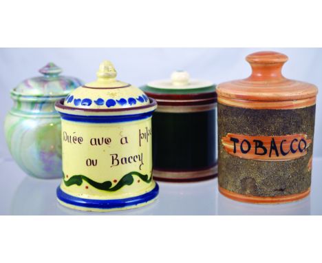 GROUP OF CERAMIC TOBACCO JARS. Torquay ware jar DU CE AVE A PIPE/ OU BACCY, plus green, white & brown glazed cylindrical shap