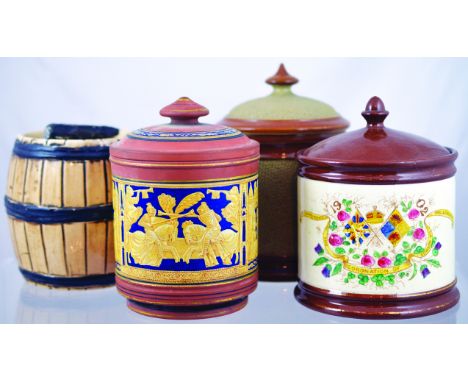 GROUP OF CERAMIC TOBACCO JARS. Commemorative jar 1902 coronation brown glazed lid & base with coloured floral decoration (chi