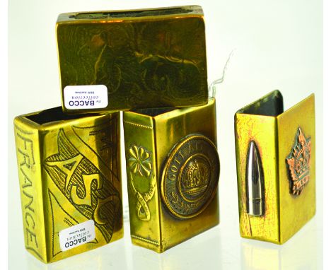 BRASS TRENCH ART MATCHBOX HOLDERS. One with Canadian collar dog button, Air Service Corps holder & one with badge GOTT MIT UN