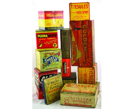 GROUP OF TOBACCO TINS & LIGHTER FUEL TINS. Golden Dawn, Sweetleaf, St Bruno Flake, Tye Sules Shellspirit, Flecolite Capsules,