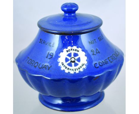TORQUAY POTTERY TOBACCO JAR. 6.25ins tall, blue glaze bulbous jar commemorating Rotary International SERVICE NOT SELF 1924/ T
