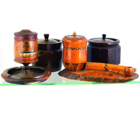 TOBACCO JARS GROUP. Light wood, large pipe forming tobacco jar & small pipe on slice of wood. Plus oak 12 sided jar, zinc lin
