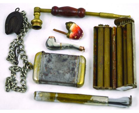 MIXED GROUP. Cigarette roller, pipe tamper/ cleaner tool, opium pipe, mini pipe pendants, mini pipe bowl, vesta case & watch 