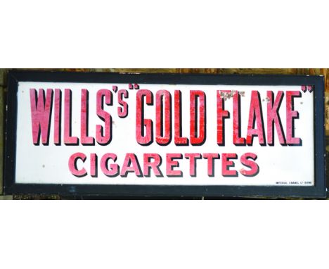 WILLS S LARGE WOODEN FRAMED ENAMEL SIGN. 6ft 3ins by ins, WILLS S GOLD FLAKE/ CIGARETTES red & black lettering on white backg