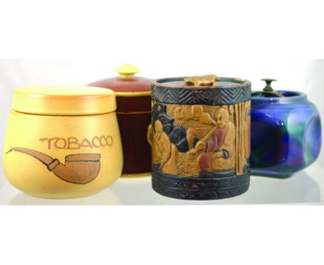 GROUP OF CERAMIC TOBACCO JARS. Streaky purple glazed jar, dimpled square shape with brass metal screw lid (possible Bretby wa