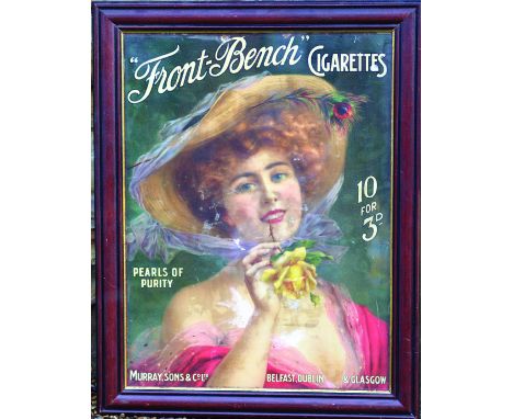 FRONT BENCH CIGARETTES MULTICOLOURED FRAMED ADVERT. 22.5 by 17.75ins, Edwardian style lady pictured rose in hand FRONT-BENCH 
