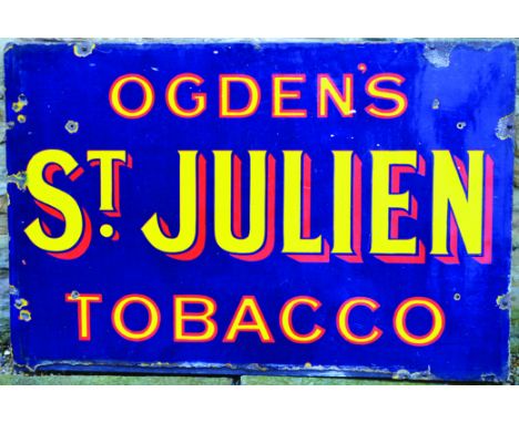 OGDENS ST JULIEN ENAMEL SIGN. Wooden backing 36 by 24ins, OGDENS/ ST JULIEN TOBACCO in red & yellow lettering on dark blue ba