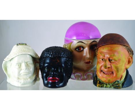 GROUP OF TOBACCO JARS. LONGTON crested china sailor head jar & cover. White with coloured crest (miner & potter). Plus black 