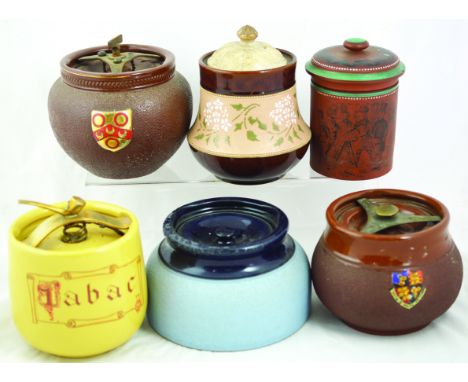 GROUP OF TOBACCO JARS. 2 brown glazed with coloured crests both with metal screw spring lids & cream glazed jar with brass sc
