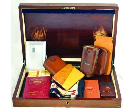 MIX GROUP. Leather cigar cases, cigarette case, pack of playing cards PARKâ€ˆDRIVE, handkerchief featuring pipes, all in a wo