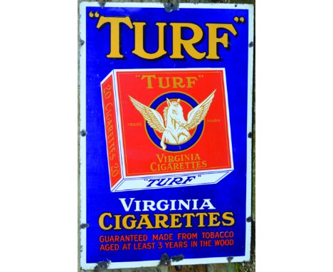 TURF CIGARETTES ENAMEL SIGN. 36 by 24ins, TURF. VIRGINIA/ CIGARETTES/ GUARANTEED MADE FROM TOBACCO/ AGED AT LEAST 3 YEARS IN 
