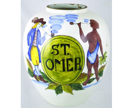 SHOP DISPLAY TOBACCO JAR. 11ins tall, Dutch delft storage jar, 2 coloured pipe smoking figures with ST/ OMER between on white