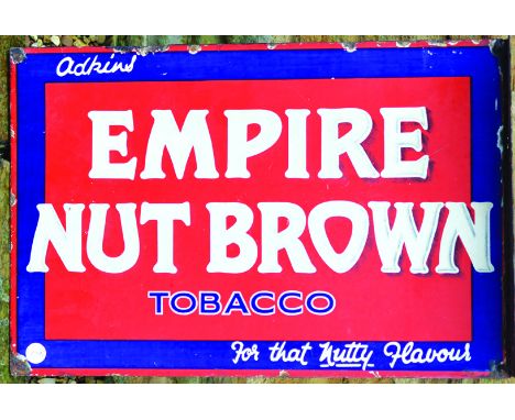 ADKINS TOBACCO DOUBLE SIDED ENAMEL SIGN. 18 by 12ins, ADKINS/ EMPIRE/ NUT BROWN/ TOBACCO/ FOR THAT NUTTY FLAVOUR one side ADK