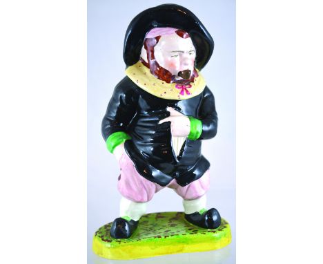 ENGLISH VICTORIAN STAFFORDSHIRE POTTERY TOBACCO JAR & COVER. In form of a cavalier with pipe, head forms cover, wearing black