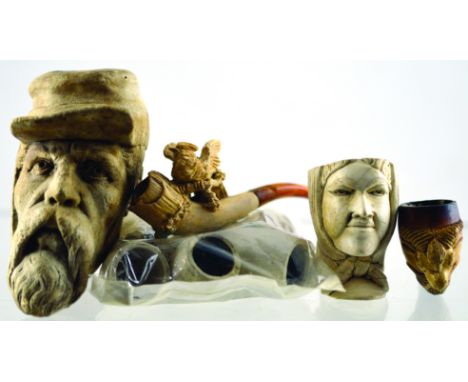 PIPE BOWLS GROUP. Large U.S. Civil War soldier bowl, bonnetted  lady, bird cheroot holder, Meerschaum goat, & clay pipe bowls