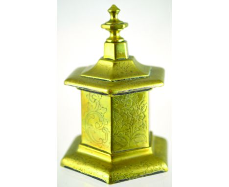HEAVY BRASS TOBACCO JAR. 6ins tall to top of finial on lid, six sided form with engraved design all around, 19th century. (8/