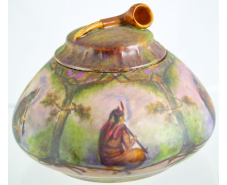 TOBACCO JAR. 4.75ins tall to top of lid with pipe. Round squat shape, matt glaze with Native American Indians pictured all ar