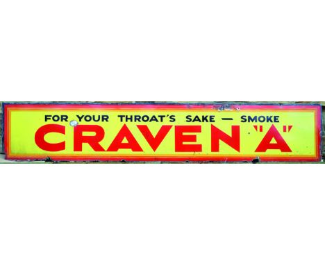 CRAVEN A LARGE ENAMEL SIGN. 8ft long 18ins wide FOR YOUR THROATS SAKE - SMOKE/ CRAVEN A, black & red lettering on yellow. Out