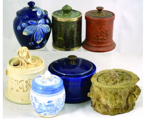 GROUP OF TOBACCO JARS. Silver mounted antico verde jar hallmarked B Ham 1921 plus dark blue glazed jar with brass finial (bas