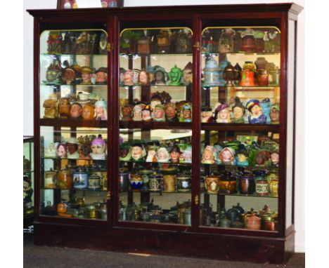 LARGE MAHOGANY SHOP DISPLAY CABINET. 6ft 6ins tall, 7ft 3.5ins long, 16.75ins deep at top corniche, 3 glass doors to front 2 