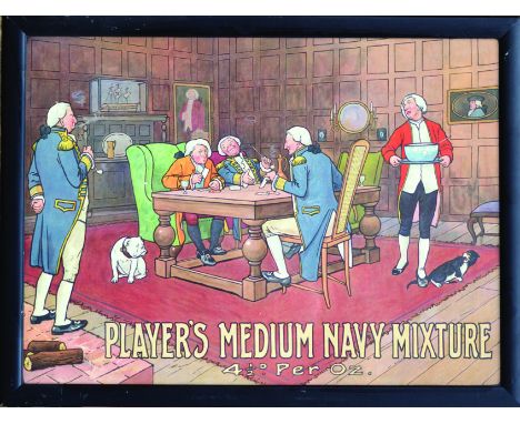 PLAYERS MULTICOLOURED FRAMED ADVERT. 20.5 by 15.5ins, scene showing navy gentry sat smoking playing cards PLAYERS MEDIUM NAVY