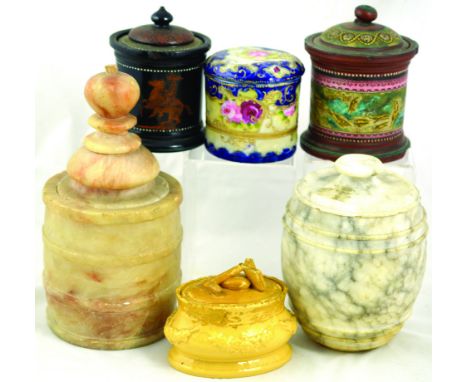 GROUP OF TOBACCO JARS. 2 Alabaster jars both with chips, terracotta jar with fox hunting scenes all around. Plus black glazed