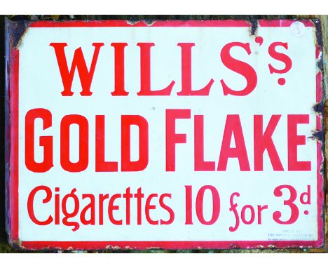 WILLS S DOUBLE SIDED ENAMEL SIGN. 15 by 11ins, WILLS S/ GOLD FLAKE/ CIGARETTES 10 FOR 3d ons side CAPSTAN/ NAVY CUT/ W.D. & H