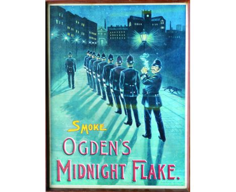 OGDENS LARGE MULTICOLOURED FRAMED ADVERT. 30 by 23ins, nightime scene featuring row of policemen one smoking a pipe SMOKE/ OG