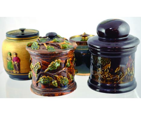 GROUP OF TOBACCO JARS. Kingsware style jar, dark brown glaze with raised hunting scene pipe pictured to lid plus matt beige g