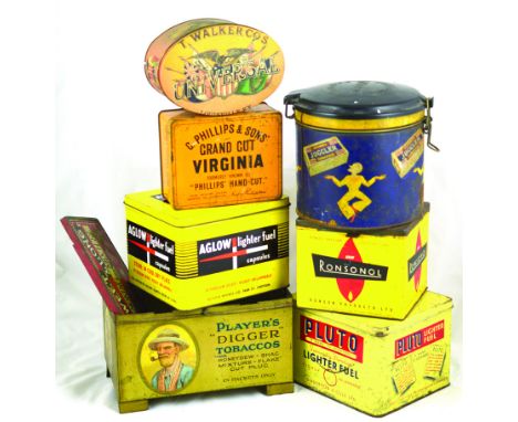 TOBACCO TINS GROUP. OGDENS JUGGLER TOBACCO, PLAYERS DIGGER TOBACCOS (no lid), RONSONOL LIGHTER FUEL, PLUTO LIGHTER FUEL, AGLO