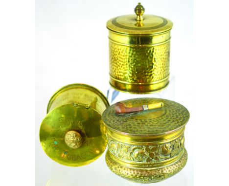 BRASS TOBACCO JARS. Includes trench art example made from shell casing, uniform button finial SOUVENIR OF WAR FOR TOBACCO etc