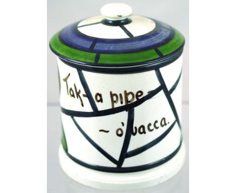 POUNTNEY & CO LTD TOBACCO JAR. 6ins tall, cylindrical jar, cavalier pictured  inscribed TAK A PIPE O BACCA black, purple, gre