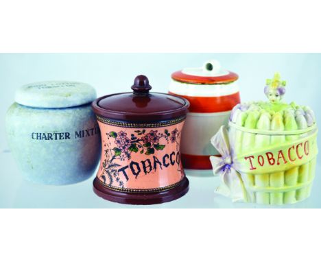 GROUP OF TOBACCO JARS. John Cotton Tobaccos jar & cover grey matt finish JOHN COTTON TOBACCOS to lid CONCORD FLAKE  to jar. P