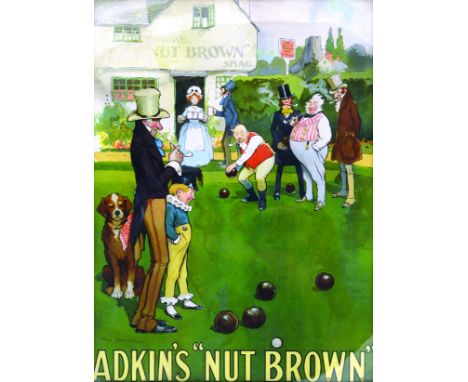 ADKINS NUTBROWN FRAMED SHOWCARD. Multicoloured 22.75 by 17.75ins, village Inn scene by well known illustrator Tom Browne, wit