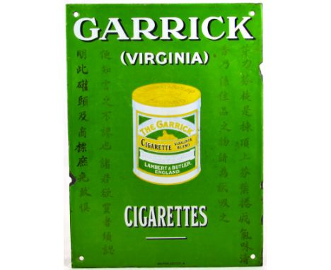 GARRICK CIGARETTES ENAMEL SIGN. 15 by 11ins, GARRICK/ (VIRGINIA)/ CIGARETTES drum of cigarettes pictured with chinese charact