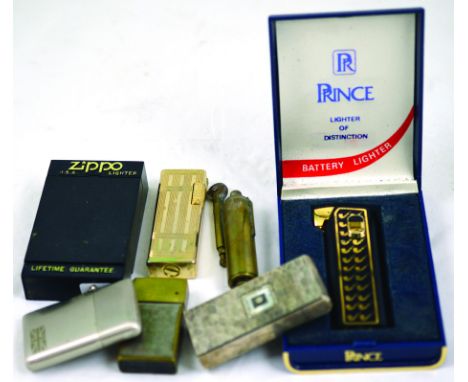 CIGARETTE LIGHTERS. Includes cased brass engraved Zippo lighter, boxed Prince Pipette-sf & touch sensor lighter & trench art 