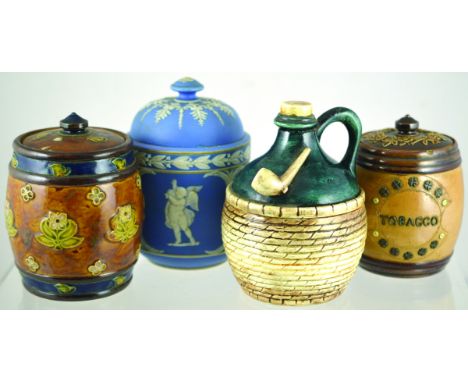 GROUP OF TOBACCO JARS. Wedgewood style jar, matt pale blue with white raised figures, Doulton Art Nouveau jar brown, blue & g