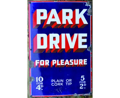 PARK DRIVE CIGARETTES ENAMEL SIGN WITH WOODEN BACKING. 30 by 20ins, PARK/ DRIVE/ FOR PLEASURE/ 10 FOR 4D PLAIN OR CORK TIPPED