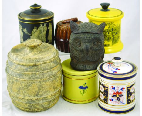 GROUP OF TOBACCO JARS. Large Alabaster jar (chipped), Pratt Fenton jar matt black with Grecian figures in white, Denby jar ye