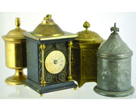 TOBACCO JARS GROUP. Carriage clock shape with cigarette lighter, heavy brass jar with lead tamper 19th century, brass octagon
